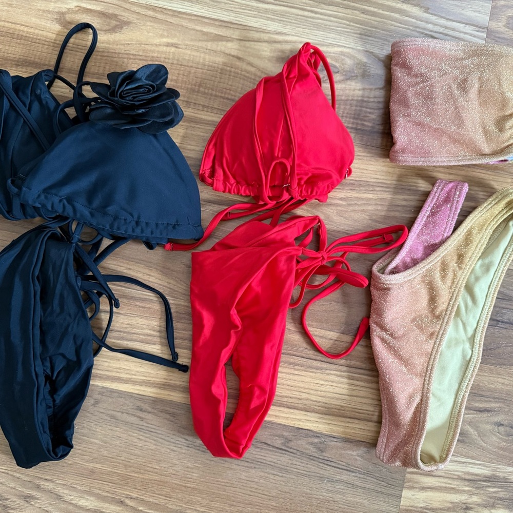 Mixed Bikini Set - Black, Red & Shimmery Pink/Gold Pieces